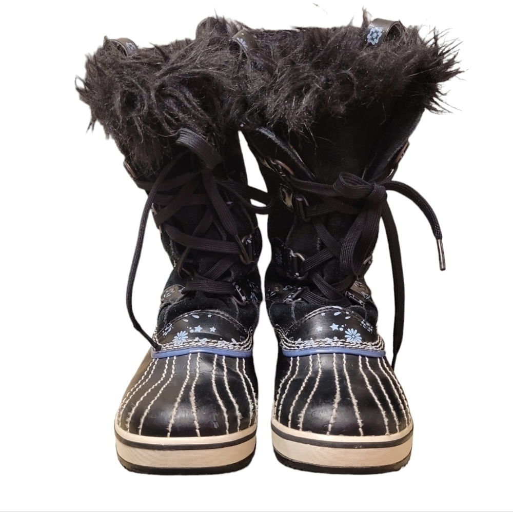 Sorel Youth Girls Tofino Snow Boots Sz 4 Faux Fur Lace Up Black w/ Flower Stars - Picture 2 of 10